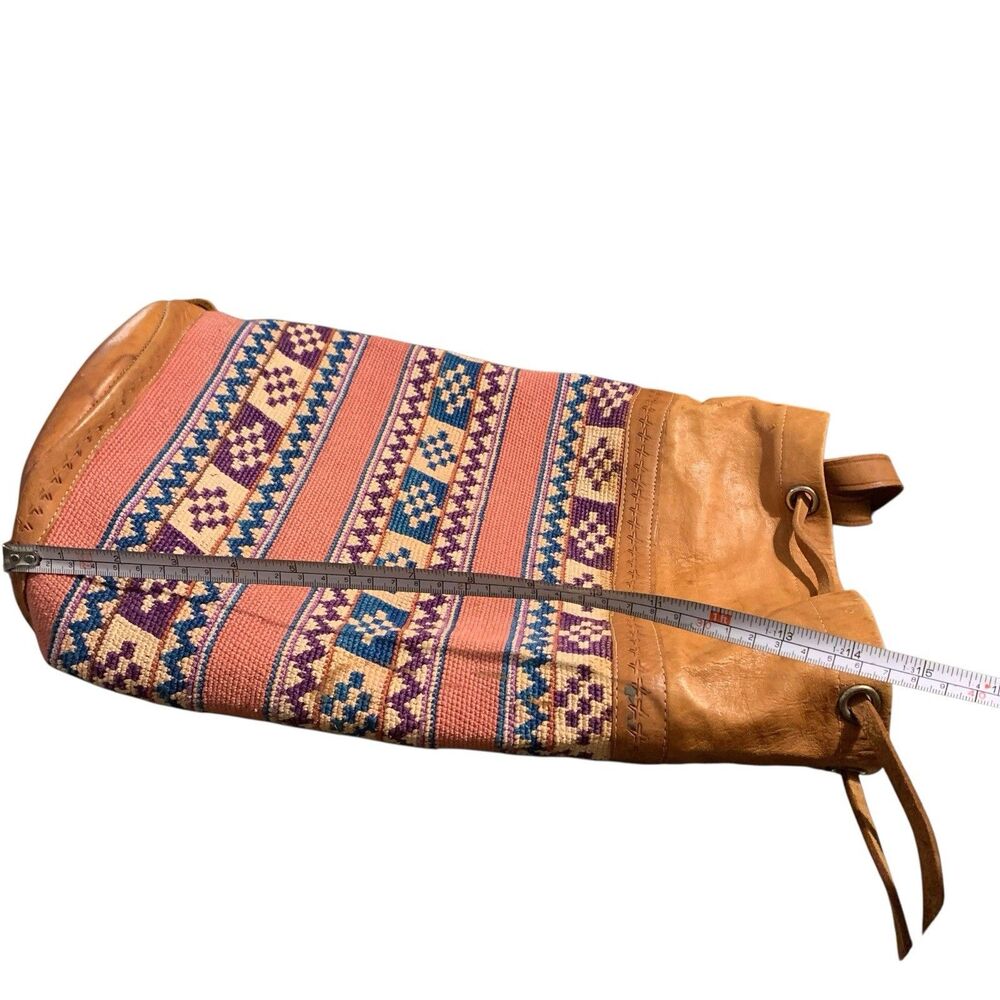 Vintage Leather Wool Kilim Drawstring Backpack Large Multi-Color Tooled Bag Boho - Picture 10 of 15